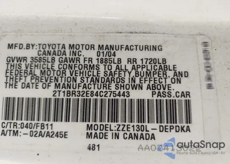 2004 Toyota Corolla Ce from USA, damaged, VIN 2T1BR32E84C275443